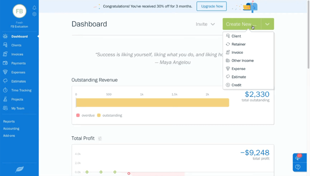 Freshbook user friendly dashboard